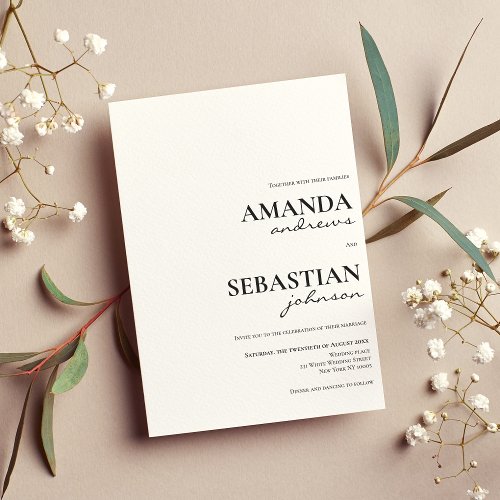 Modern black typography simple elegant wedding invitation