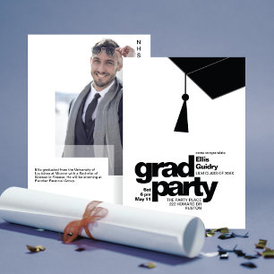 Modern Black Typography & Tassel Grad Party Photo Invitation