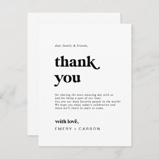 Modern Black Typography Thank You Reception Card | Zazzle