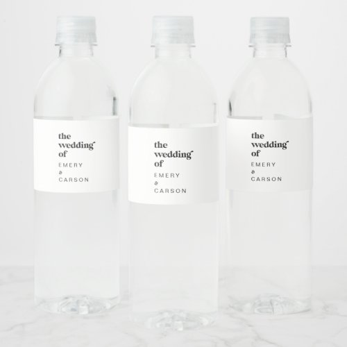 Modern Black Typography Wedding Water Bottle Label