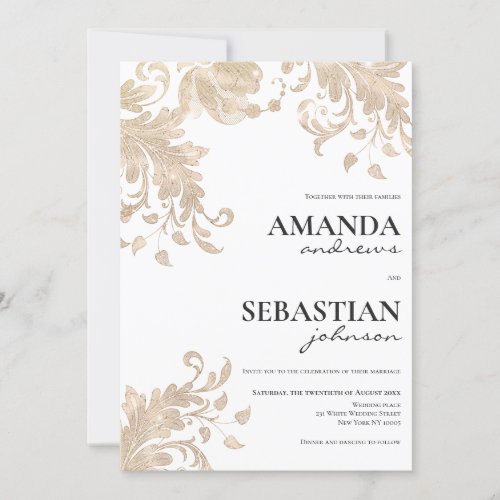  Modern black typography white gold floral wedding Invitation