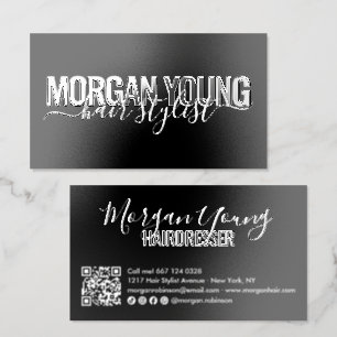 Modern Black UV Gloss Hair Stylist Elegant Script Raised Spot UV Business Card