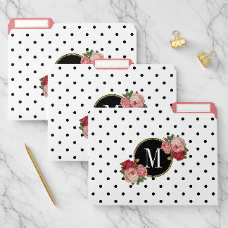 Modern Black Vintage Blush Flowers Dots Monogram File Folder