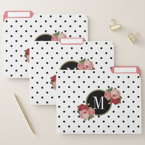 Modern Black Vintage Blush Flowers Dots Monogram File Folder