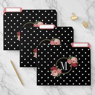 Modern Black Vintage Blush Flowers Dots Monogram File Folder