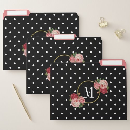 Modern Black Vintage Blush Flowers Dots Monogram File Folder