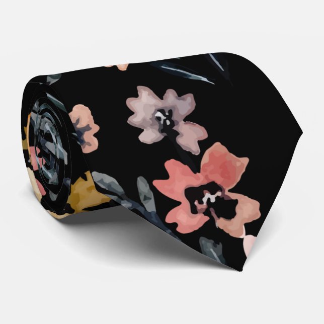 Modern Black Watercolor Botanical Floral Pattern Neck Tie (Rolled)
