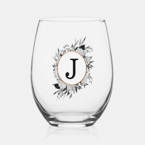 Modern Black Watercolor Floral Monogram Faux Gold Stemless Wine Glass