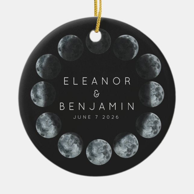 Modern Black Watercolor Moon Phases Wedding Custom Ceramic Ornament (Front)