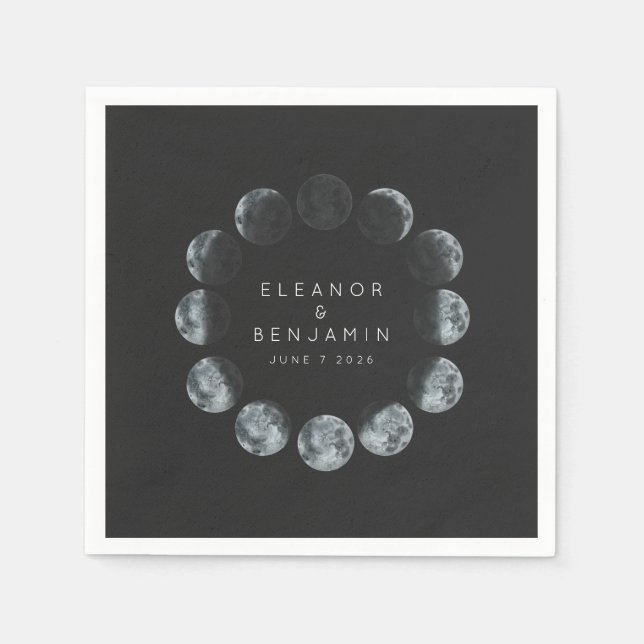 Modern Black Watercolor Moon Phases Wedding Custom Napkins (Front)