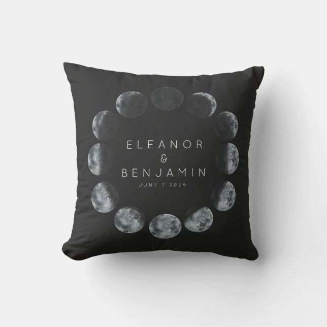 Modern Black Watercolor Moon Phases Wedding Custom Throw Pillow (Front)