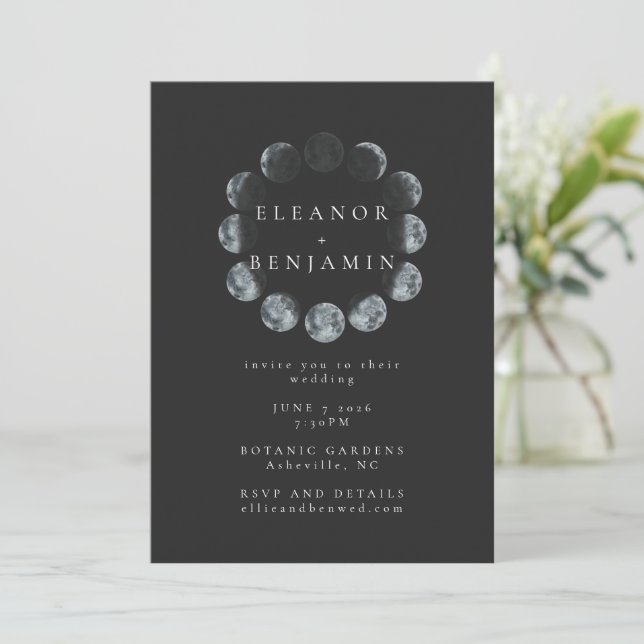 Modern Black Watercolor Moon Phases Wedding Invitation (Standing Front)
