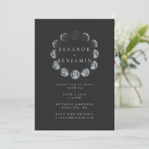 Modern Black Watercolor Moon Phases Wedding Invitation