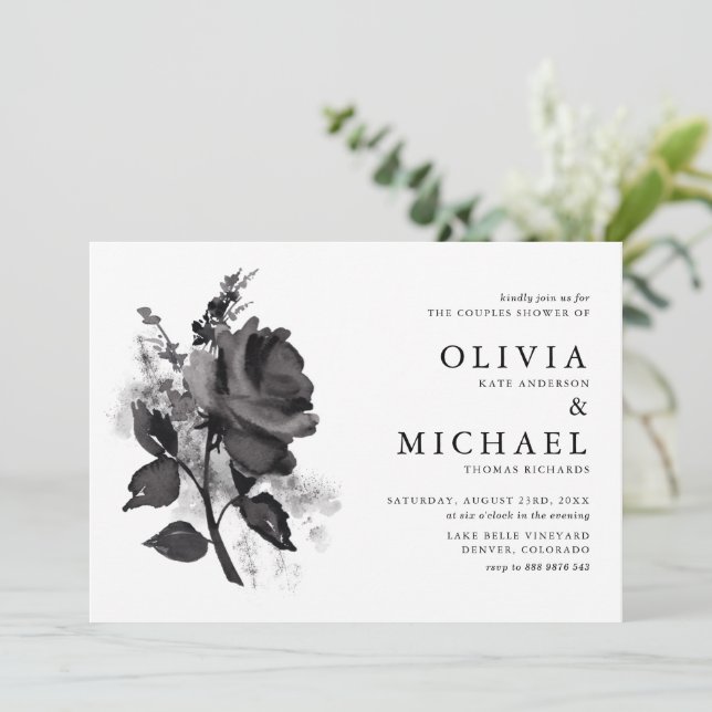 Modern Black Watercolor Rose Couples Shower Invitation (Standing Front)