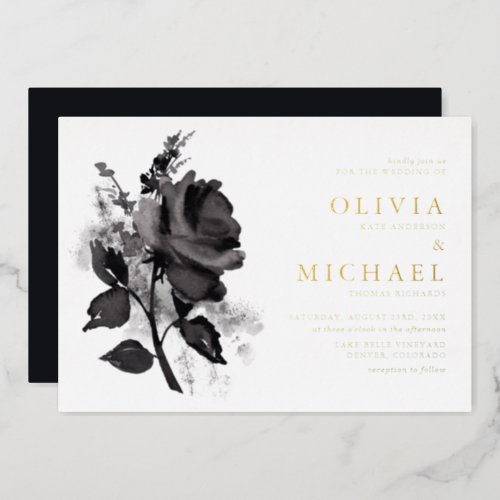 Modern Black Watercolor Rose Minimalist Wedding Foil Invitation