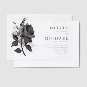 Modern Black Watercolor Rose Minimalist Wedding Vellum Invitations