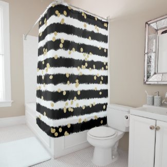Modern black watercolor stripes chic gold confetti shower curtain