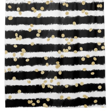 Modern Black Watercolor Stripes Chic Gold Confetti Shower Curtain