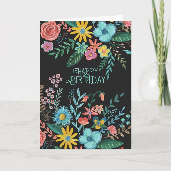 Modern black watercolours floral birthday card