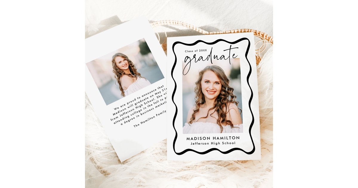 Modern Black Wavy Frame 2 Photo Graduation Announcement | Zazzle