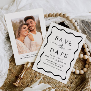 Modern Black Wavy Frame Photo Wedding Save The Date