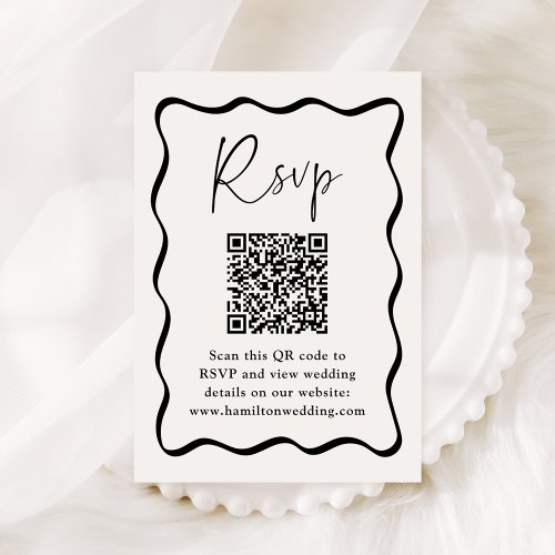 Modern Black Wavy Frame QR Code Wedding RSVP Enclosure Card