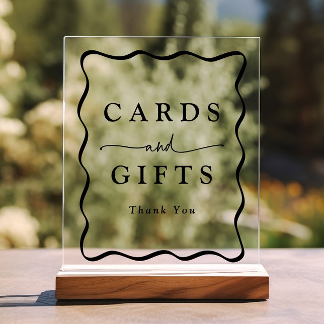 Modern Black Wavy Frame Wedding Cards and Gifts Acrylic Sign (Please note: The wooden stand does not come with the sign. Zazzle sells a similar wood block.)