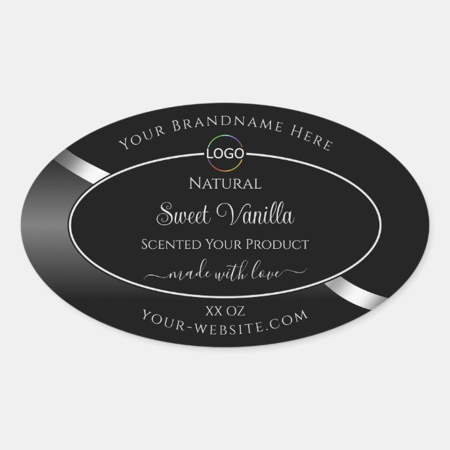 Modern Black Wavy Silver with Logo Product Labels (Front)