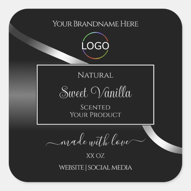 Modern Black Wavy Silver with Logo Product Labels (Front)