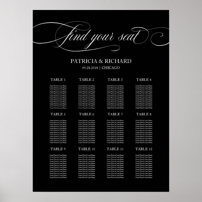 Modern Black Wedding 12 Table Seating Chart (Front)