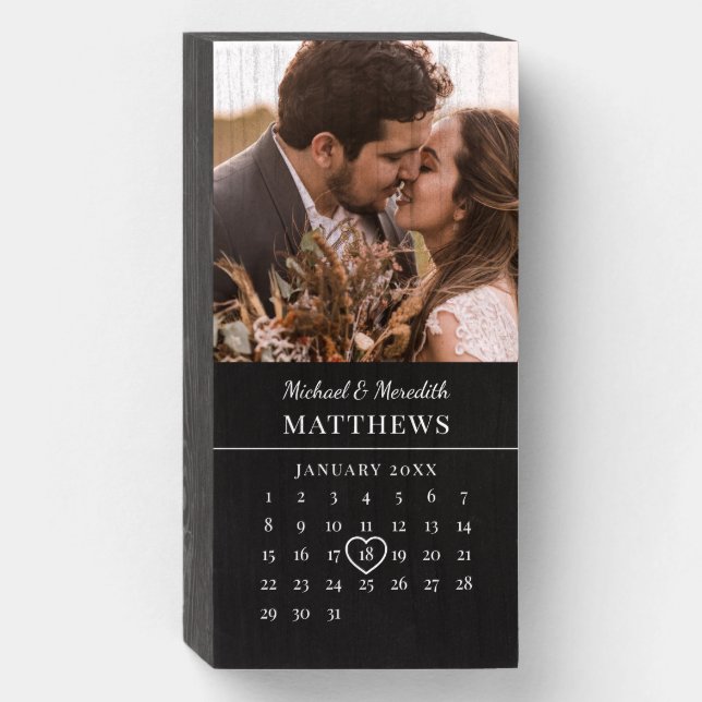 Modern Black Wedding Anniversary Calendar Wooden Box Sign (Front Vertical)