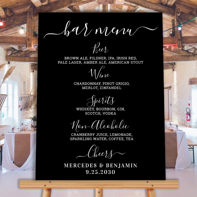 Modern Black Wedding Bar Personalized Drink Menu Foam Board (Creator Uploaded)