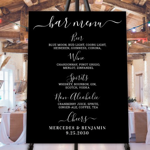 Modern Black Wedding Bar Personalized Drink Menu Foam Board