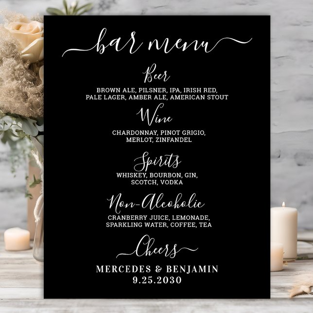 Modern Black Wedding Bar Personalized Drink Menu Poster (Creator Uploaded)
