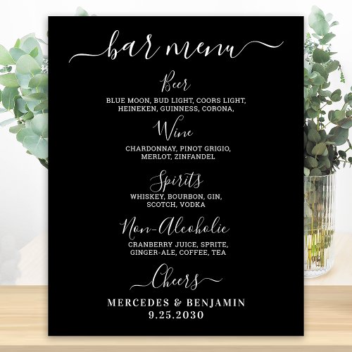 Modern Black Wedding Bar Personalized Drink Menu Poster