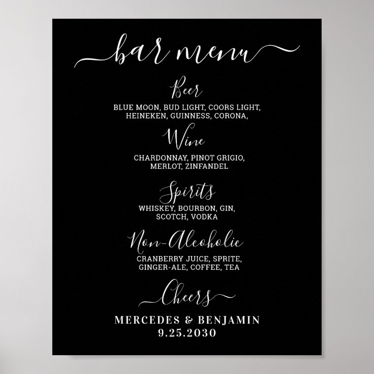 Modern Black Wedding Bar Personalized Drink Menu Poster | Zazzle