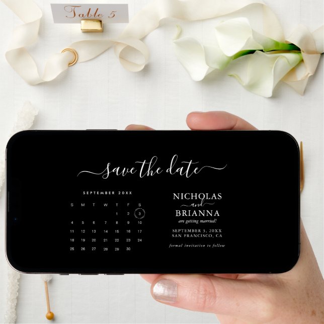Modern Black Wedding Calendar Minimalist Save The Date (Front Digital)