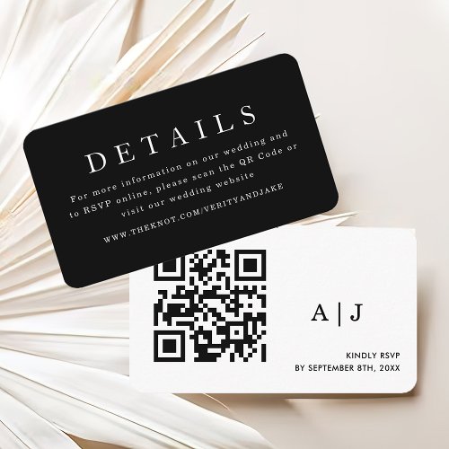 Modern Black wedding details QR code Enclosure Card