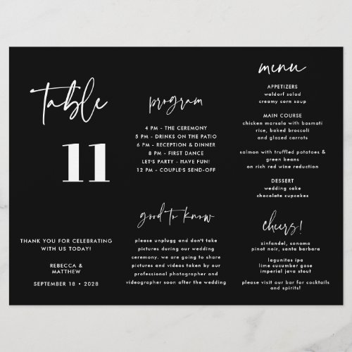 Modern Black Wedding Menu Program Trifold