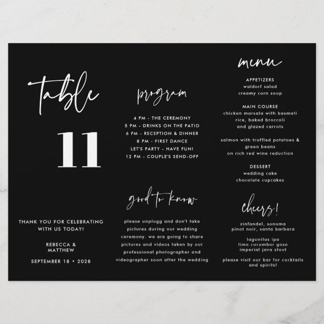 Modern Black Wedding Menu Program Trifold (Front)