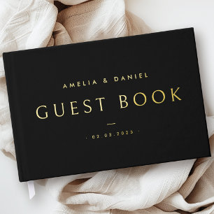 Modern black wedding names and date real foil foil guest book