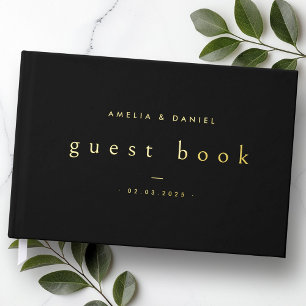 Modern black wedding names and date real foil guest book 