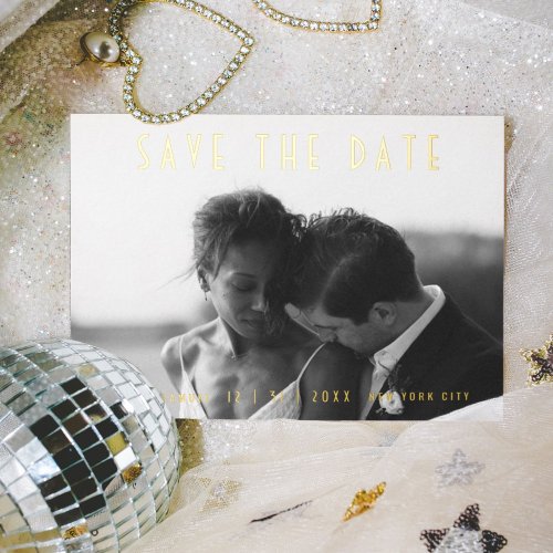 Modern Black Wedding Photo Save the Date Gold Foil Invitation Postcard