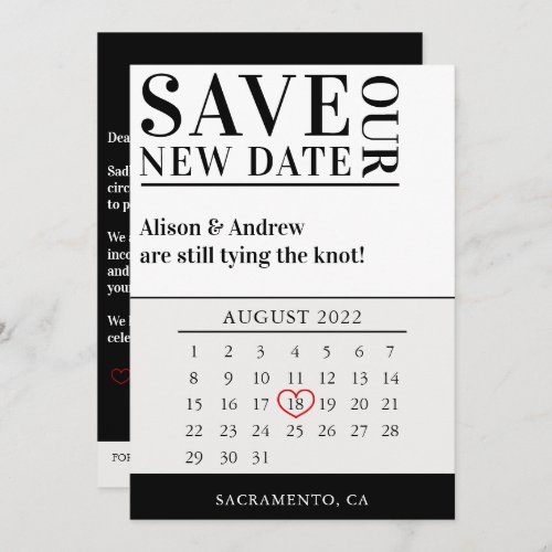 Modern Black Wedding Postponement Calendar Update Save The Date