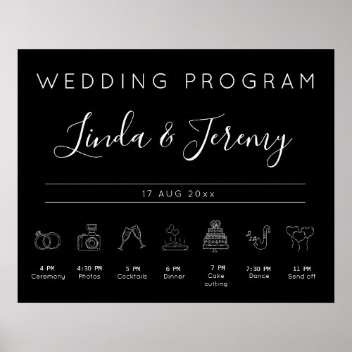 Modern Black Wedding Program Timeline Poster