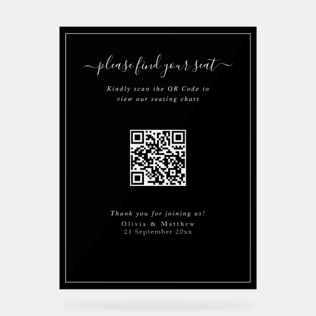Modern Black Wedding QR Code Seating Chart Acrylic (Front)