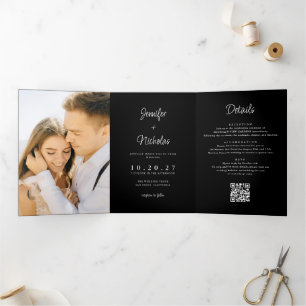Modern Black Wedding RSVP Details QR Code Photo Tri-Fold Invitation