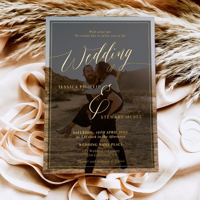 Modern black wedding script photo gold foil invitation (Creator Uploaded)