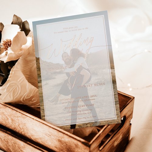 Modern black wedding script photo rose gold foil invitation