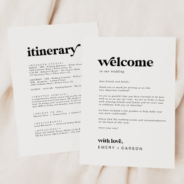 Modern Black Wedding Welcome Letter & Itinerary